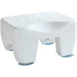 short, square white plastic bath stool
