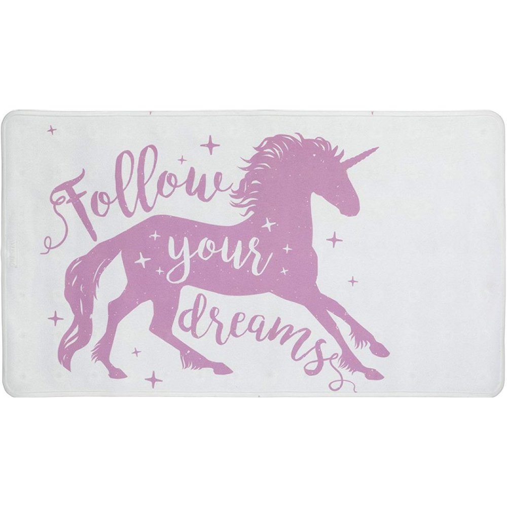 White rectangular bath mat with a pink silohuette of a unicorn surrounded with pink sparkles. In a fanciful font, it reads "Follow Your Dreams" also in pink exept for the word "your" which overlays the unicorn and is in white.