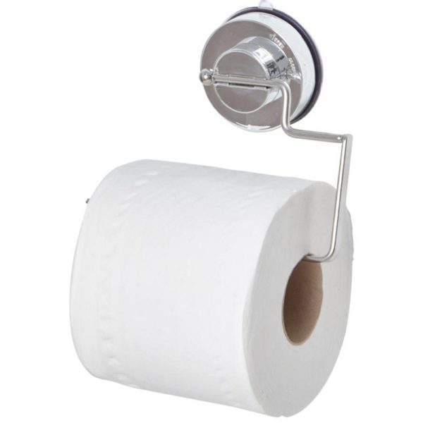 stainless steel roll holder holding white toilet roll