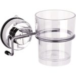clear tumbler held on a stainless steel wire holder with circular wall mount
