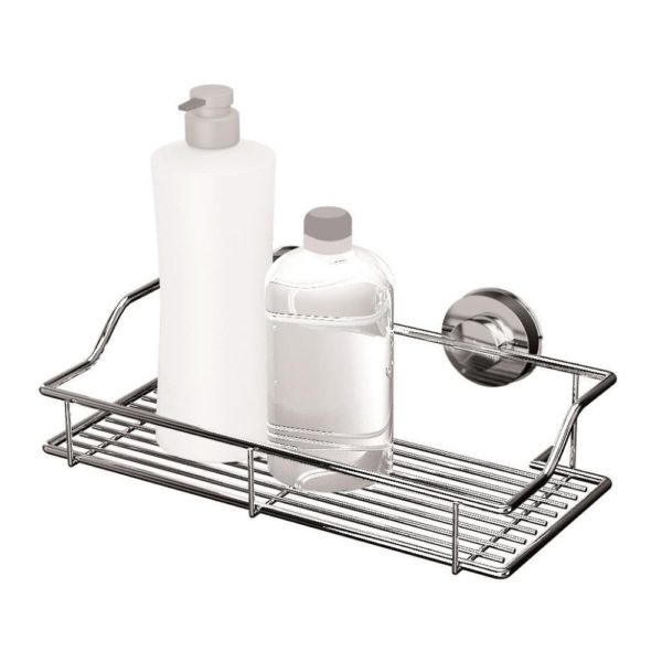 large stainless steel wire basket with circular wall mounts, it is holding two platic bottles, one white and one transparent