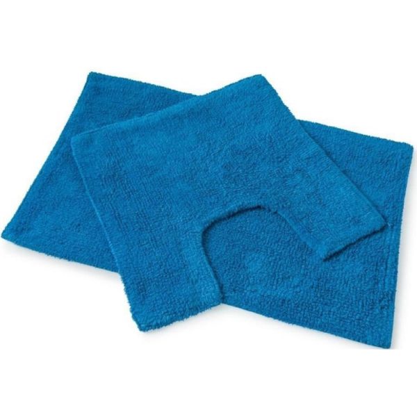 set of 2 cobalt blue bath mats laid on top of each other, the bottom one is larger and rectangular whilst the one on top is square with a d shaped section cut out of one side to allow for toilet