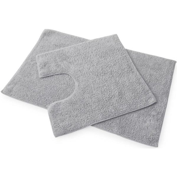set of 2 grey bath mats laid on top of each other, the bottom one is larger and rectangular whilst the one on top is square with a d shaped section cut out of one side to allow for toilet