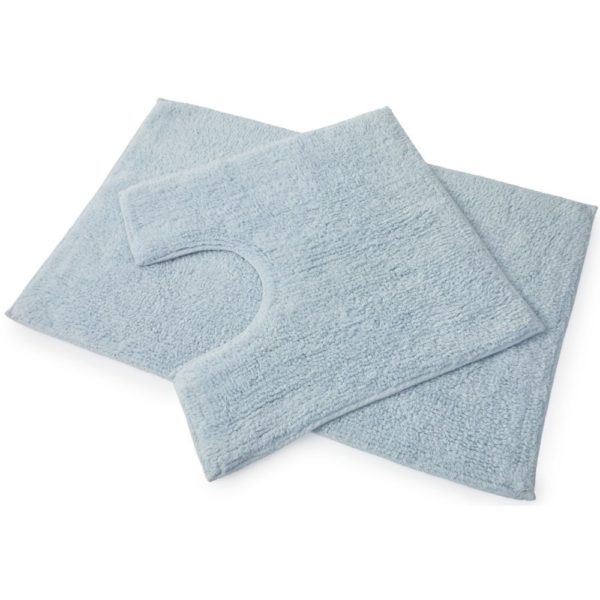 set of 2 powder blue bath mats laid on top of each other, the bottom one is larger and rectangular whilst the one on top is square with a d shaped section cut out of one side to allow for toilet