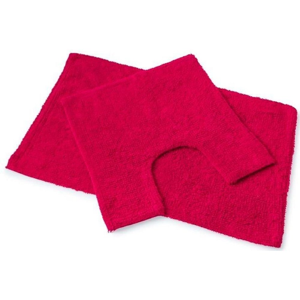 set of 2 deep red bath mats laid on top of each other, the bottom one is larger and rectangular whilst the one on top is square with a d shaped section cut out of one side to allow for toilet