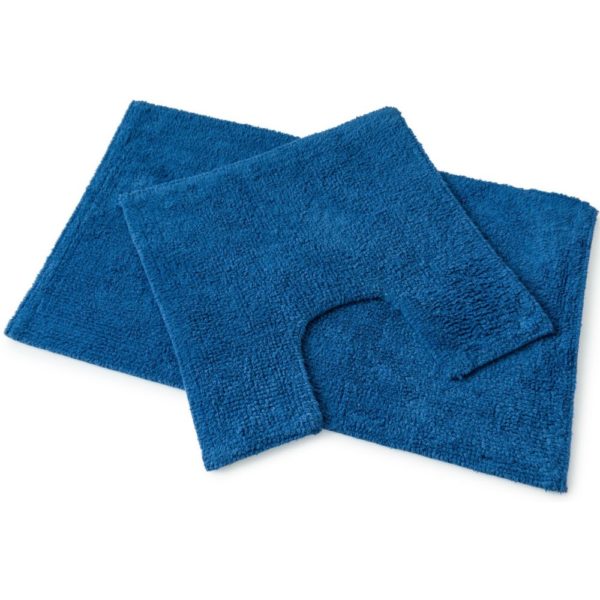 set of 2 royal blue bath mats laid on top of each other, the bottom one is larger and rectangular whilst the one on top is square with a d shaped section cut out of one side to allow for toilet