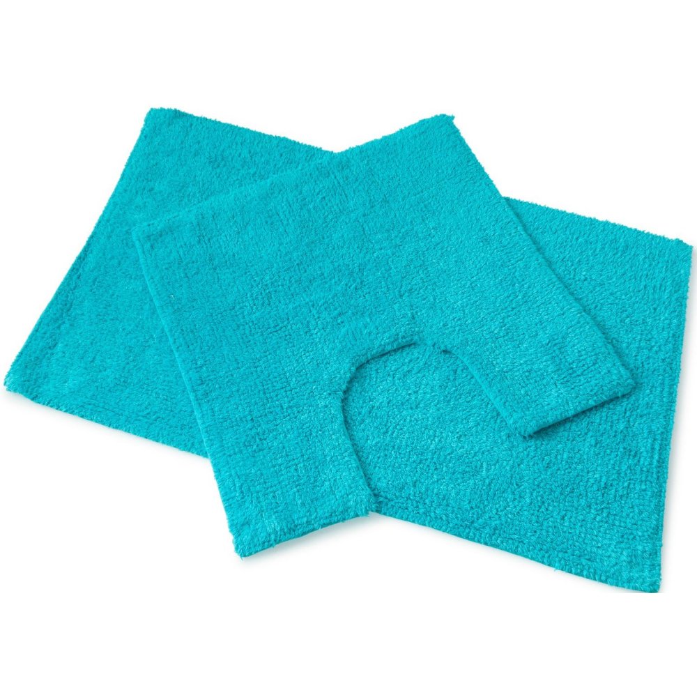 set of 2 turquoise bath mats laid on top of each other, the bottom one is larger and rectangular whilst the one on top is square with a d shaped section cut out of one side to allow for toilet