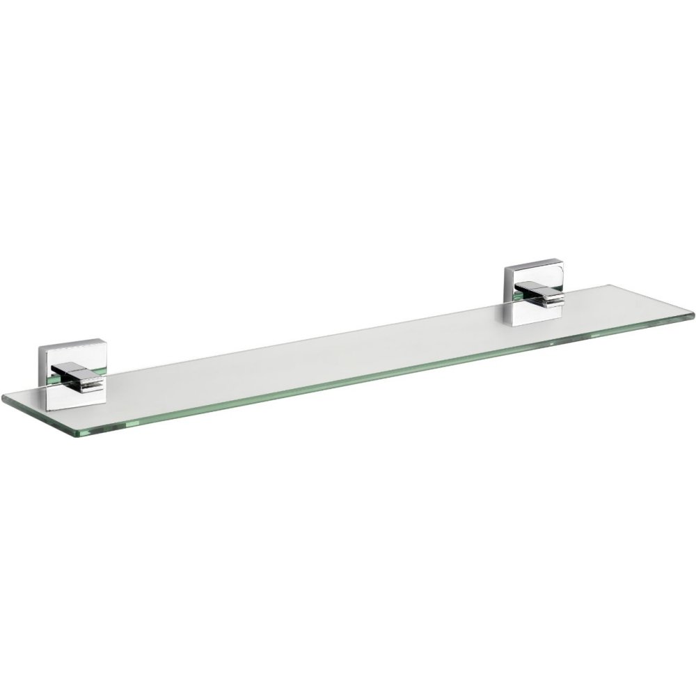 rectangle class shelf with two square, chrome wall brackets, one on each end