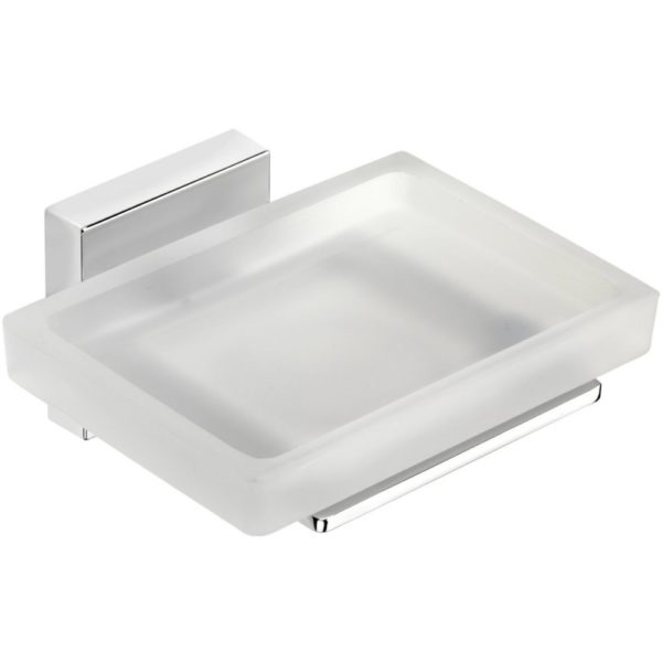 rectangular opaque white glass soap dish on a chrome, square design holder