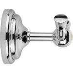 chrome double robe hook featuring a small white circle on the front with the text "Croydex est 1919" as viewed form the side