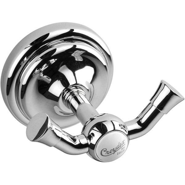 chrome double robe hook featuring a small white circle on the front with the text "Croydex est 1919"