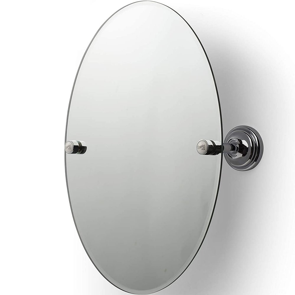 round mirror with chrome wall brackets. On the wall brackets are white circles with the text "Croydex est 1919"