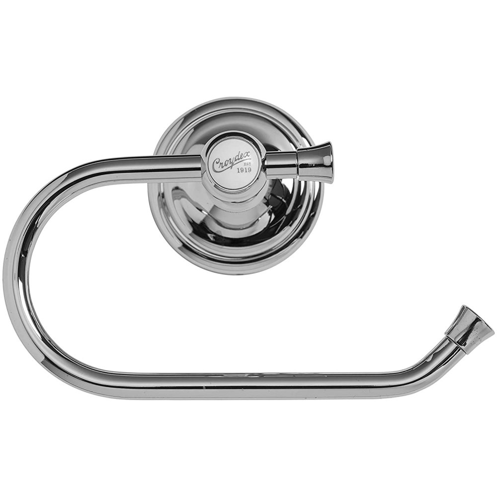 wall mounted chrome roll holder with a chrome holder, on the front of the holder is a white circle with the text "Croydex est 1919"