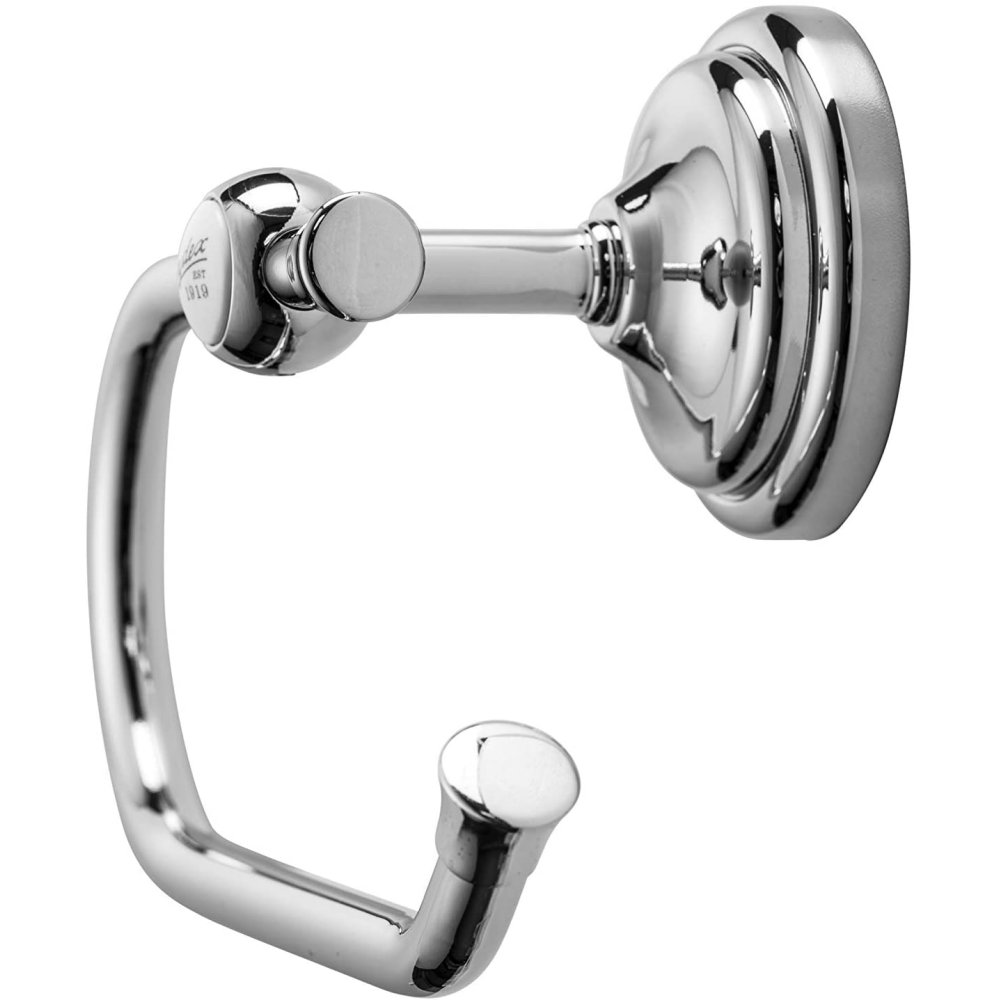 wall mounted chrome roll holder with a chrome holder, on the front of the holder as viewed from the side