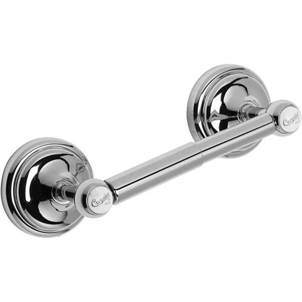 double post spindle toilet roll holder in chrome with two white circles with the text "Croydex est 1919"