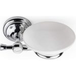 soap dish with a chrome holder, on the front of the holder is a white circle with the text "Croydex est 1919"