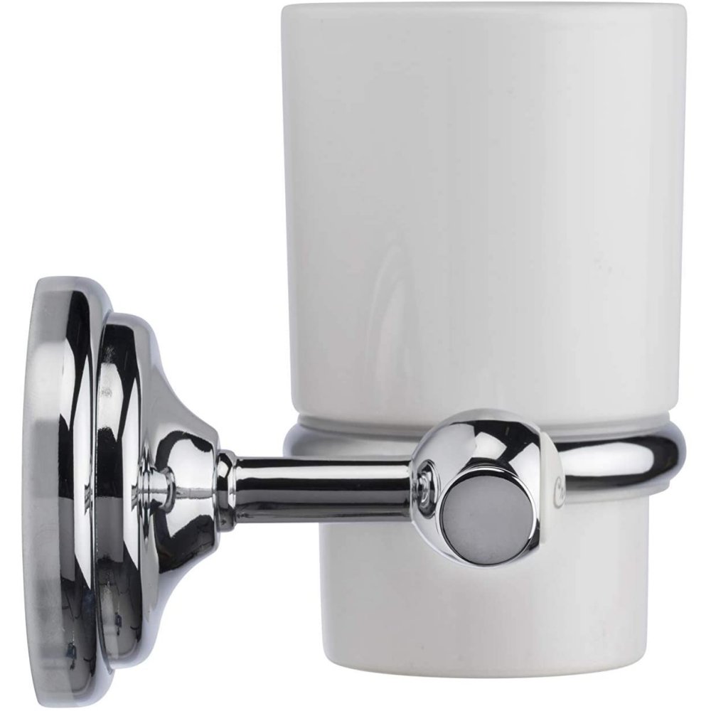 white ceramic tumbler with a chrome holder as viewed from the side