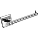 chrome toilet roll holder held onto wall by square bracket on one end, on the other a small protusion stick ot to prevent the roll sliding off