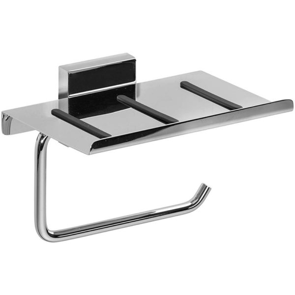 roll holder in chrome with a shelf attached above for placing items on