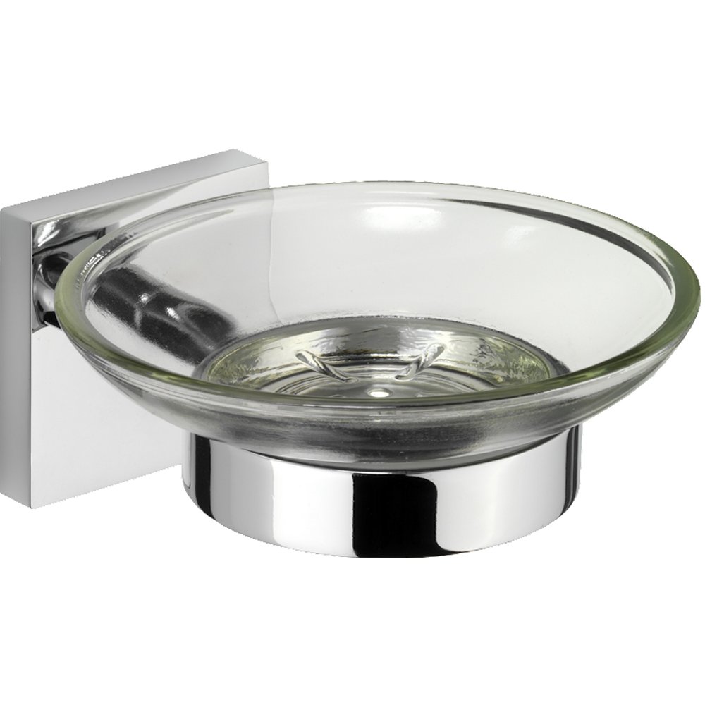 round glass soap dish on a chrome holder with a square back plate