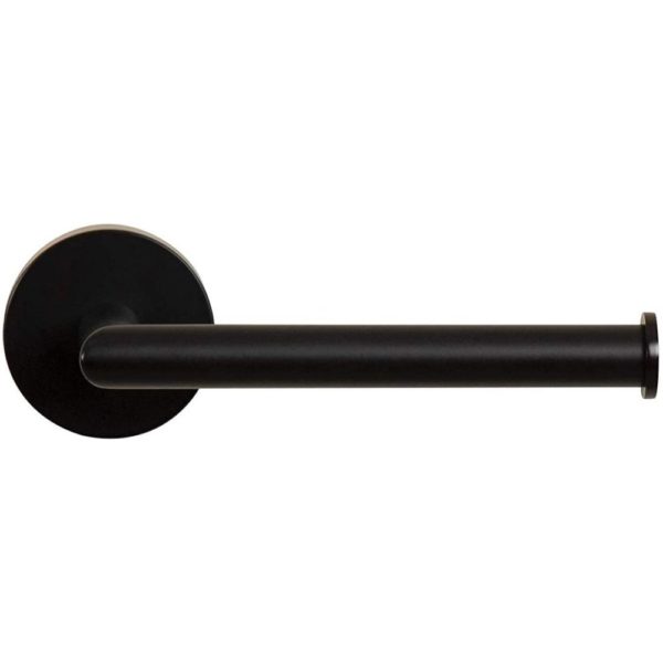 matt black roll holder, it is bar shaped and attaches to the wall on one end with a round back plate