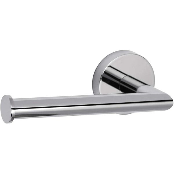 roll holder, it is bar shaped and attaches to the wall onchrome roll holder, it is bar shaped and attaches to the wall on one end with a round back plate