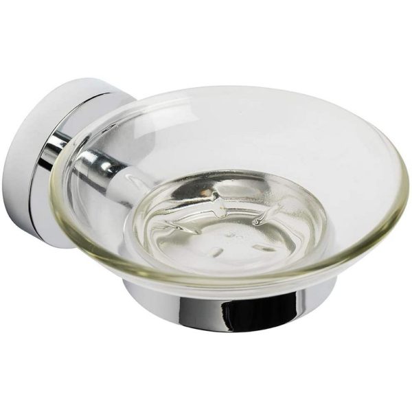 round, transparent,glass soap dish on a chrome holder
