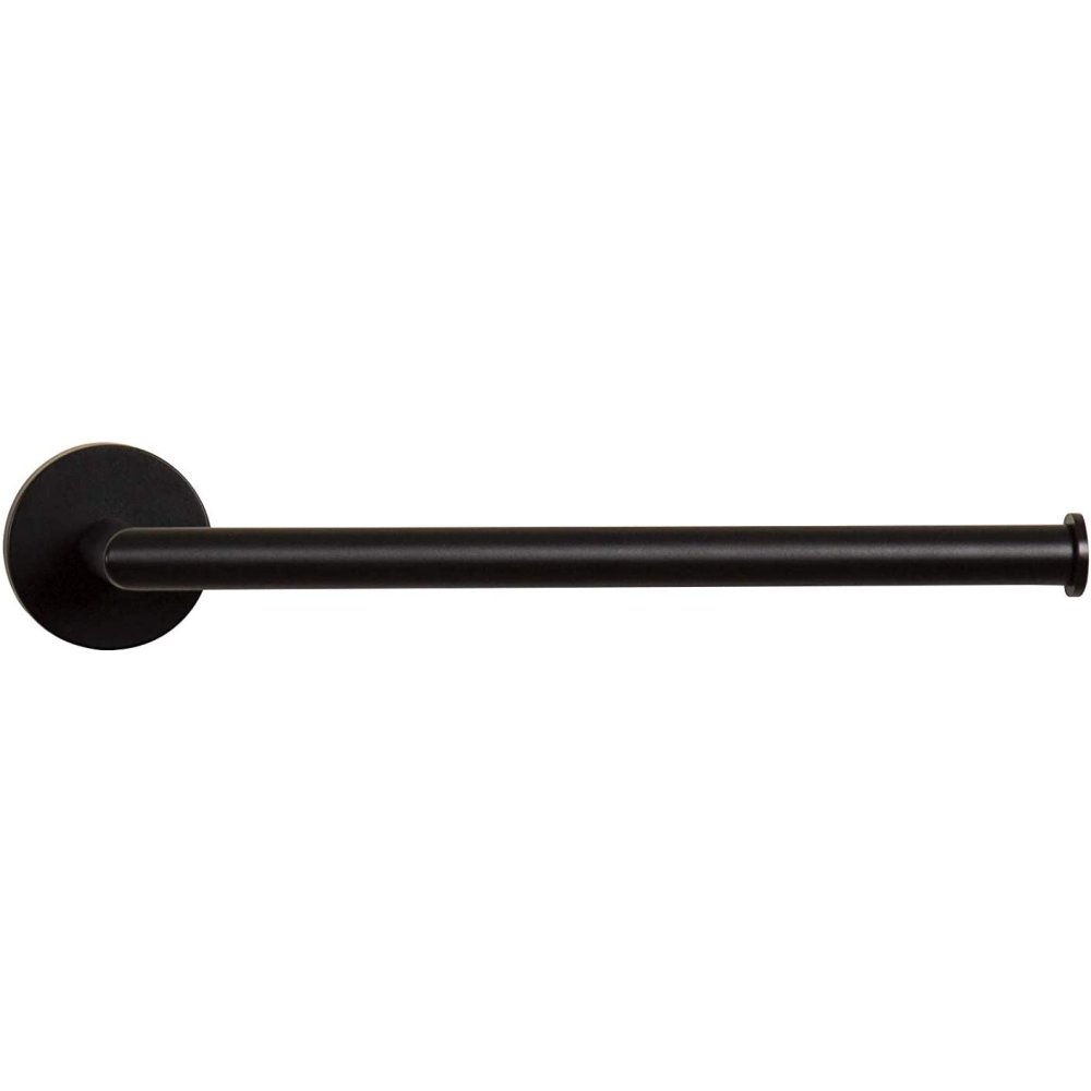 matt black towel bar, it attaches to the wall on one end with a round back plate