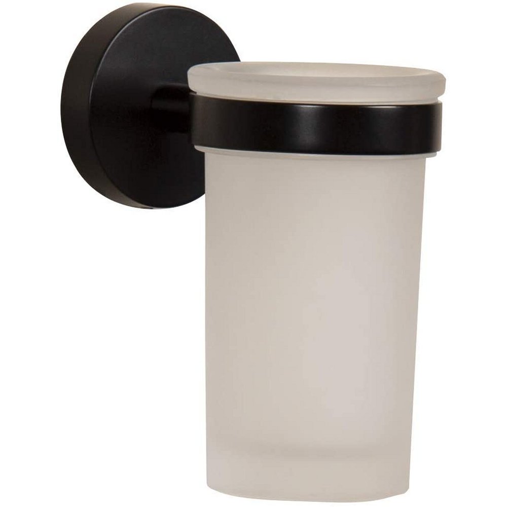 white, opaque glass tumbler, held from the top by a black wall mounted holder