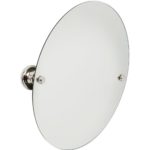 a round glass mirror with chrome plated round, bevelled-edge wall mounts on each side, it is tilted forward slightly