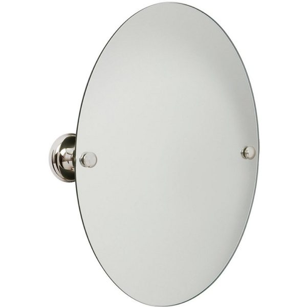 a round glass mirror with chrome plated round, bevelled-edge wall mounts on each side