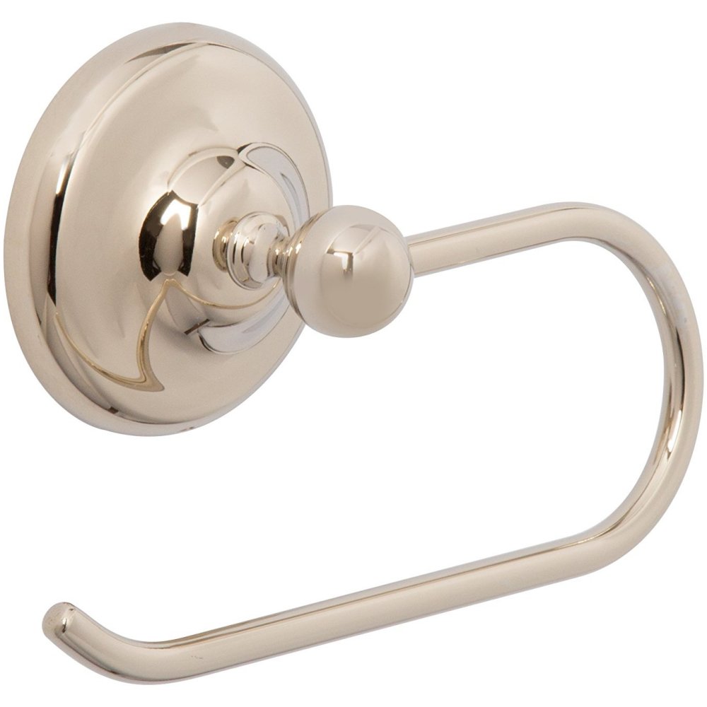 gold coloured toilet roll holder with round, bevelled-edge wall mount