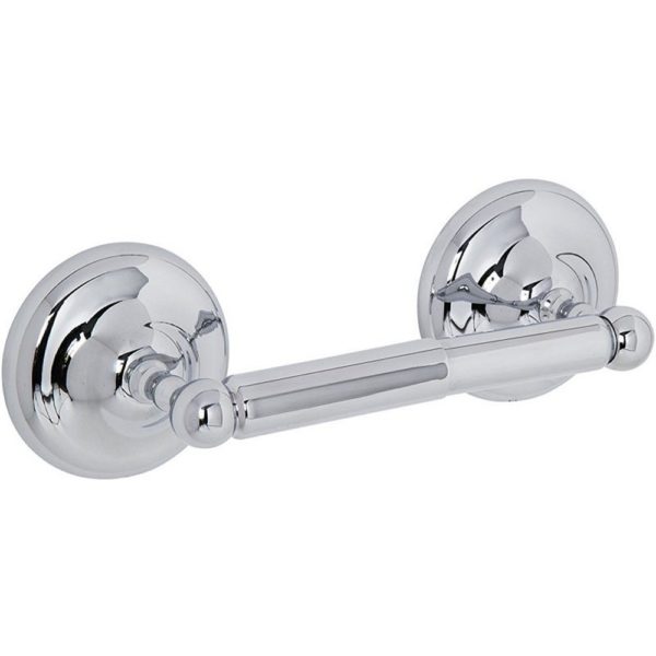 chrome spindle toilet roll holder with two round, bevelled-edge wall mounts
