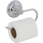 chrome toilet roll holder with round, bevelled-edge wall mount there is a white roll of toilet paper on it