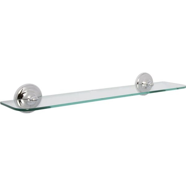 rectangular clear glass shelf, on each end of the shelf is a chrome round, bevelled-edge wall mount