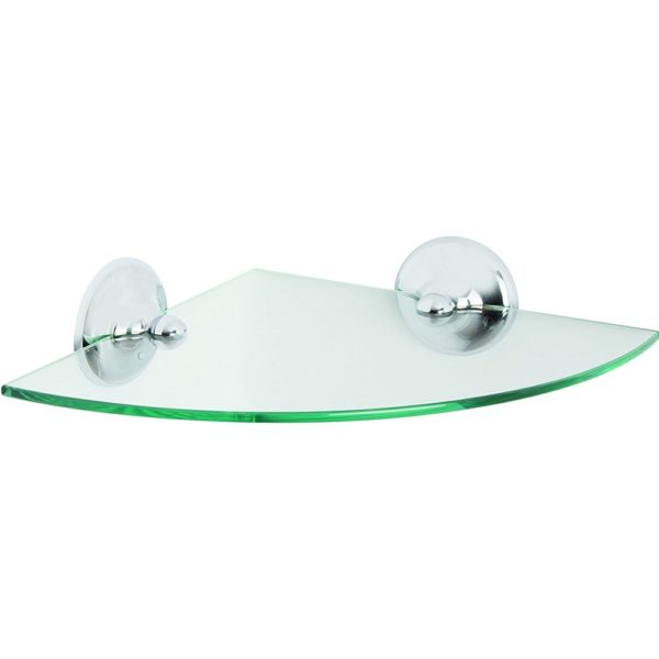 a clear glass corner shelf with a rounded outer edge and two straight edges, each with chrome round, bevelled-edge wall mounts