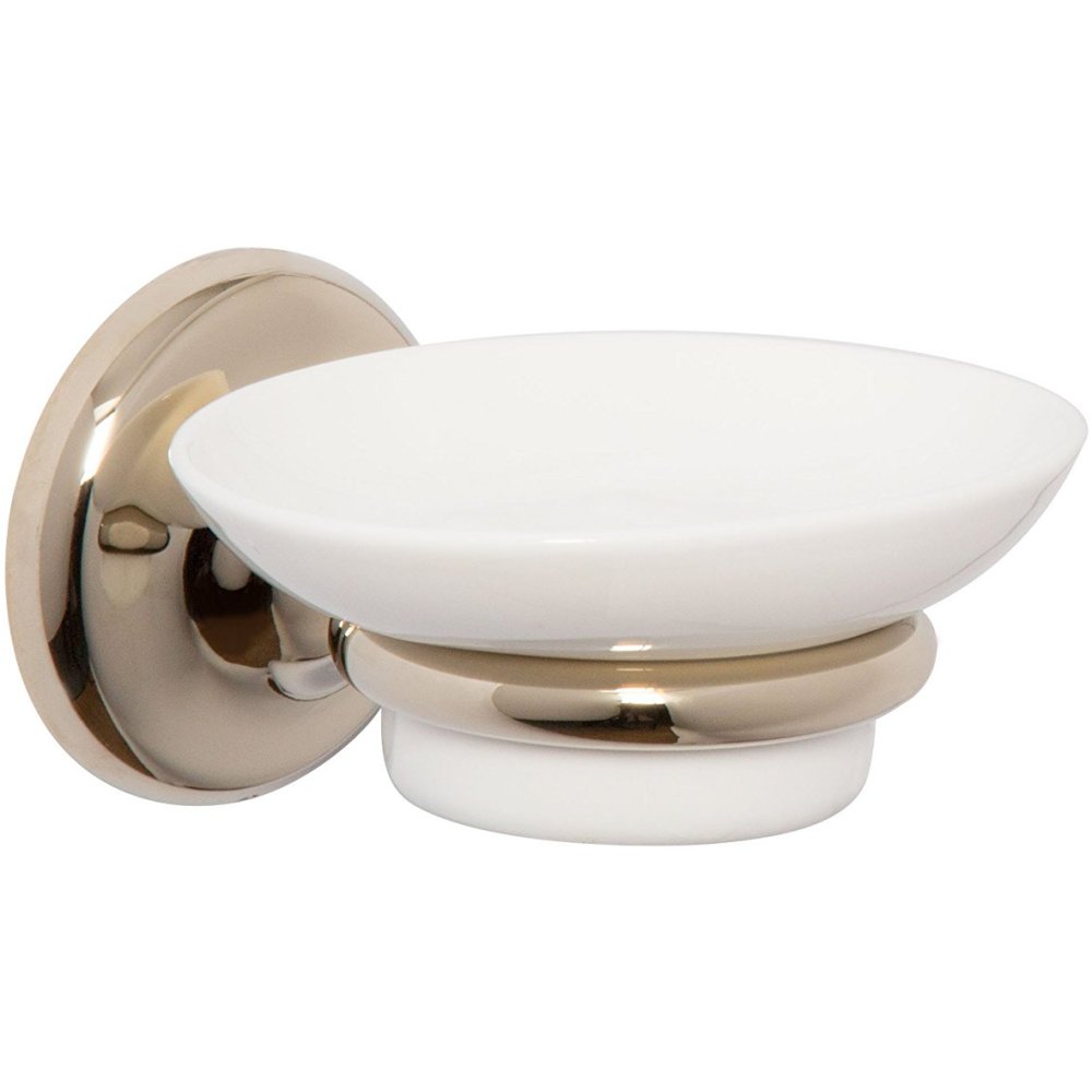 white ceramic soap dish on a gold coloured wall mounted holder with round, bevelled-edge wall mount
