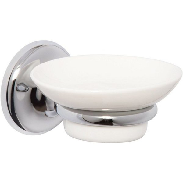 white ceramic soap dish on a chrome wall mounted holder with round, bevelled-edge wall mount