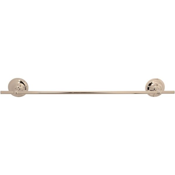 gold coloured single towel rail, on each end is a round, bevelled-edge wall mount