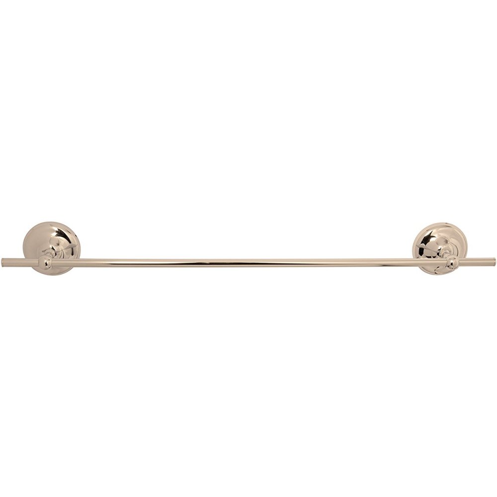 gold coloured single towel rail, on each end is a round, bevelled-edge wall mount
