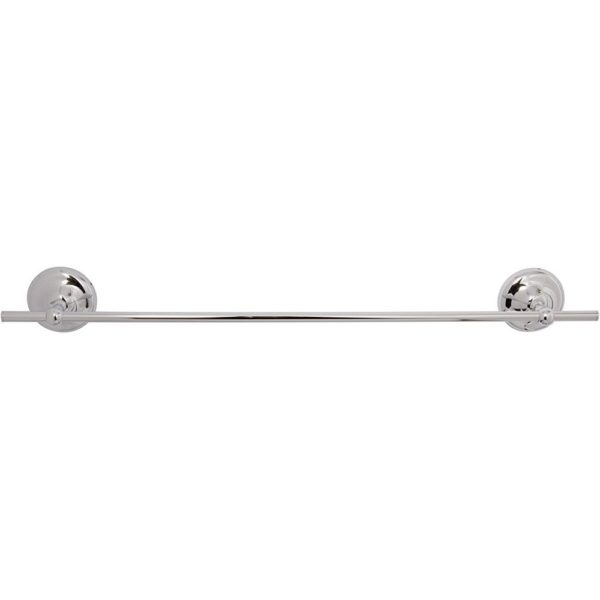 chrome single towel rail, on each end is a round, bevelled-edge wall mount