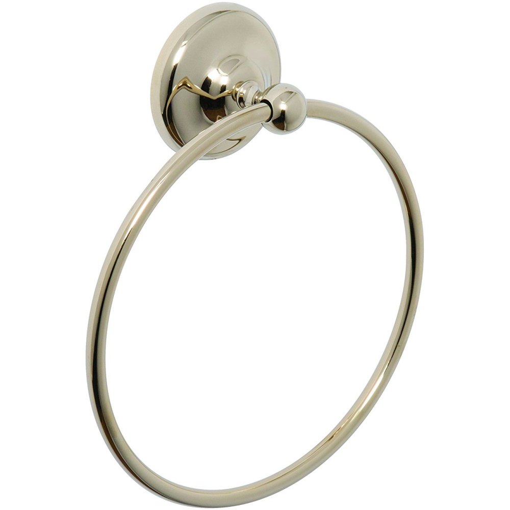 circular gold coloured towel ring with round, bevelled-edge wall mount