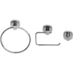 Set of 3 wall mounted bathrroom acessories in a row. From left to right, these accessories are: a circular chrome towel ring with a rounded square wall mount, a rectangular chrome toilet roll holder with a rounded square wall mount and a square single chrome robe hook with a rounded square wall mount