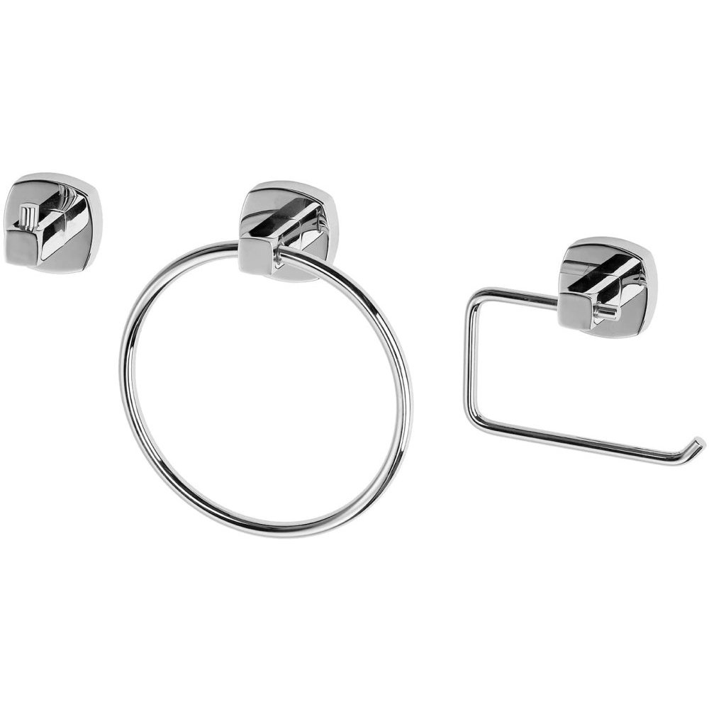 Set of 3 wall mounted bathrroom acessories in a row. From left to right, these accessories are: a square single chrome robe hook with a rounded square wall mount, a circular chrome towel ring with a rounded square wall mount and a rectangular chrome toilet roll holder with a rounded square wall mount