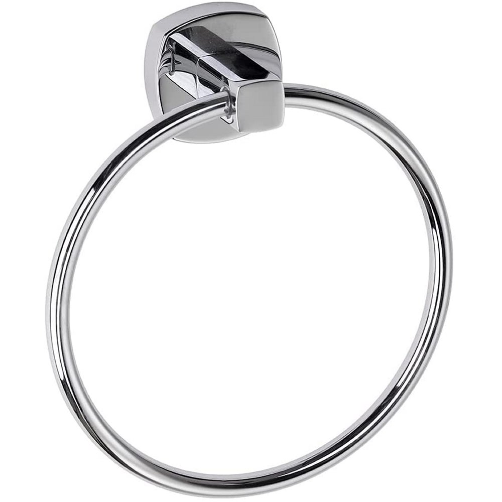 a circular chrome towel ring with a rounded square wall mount