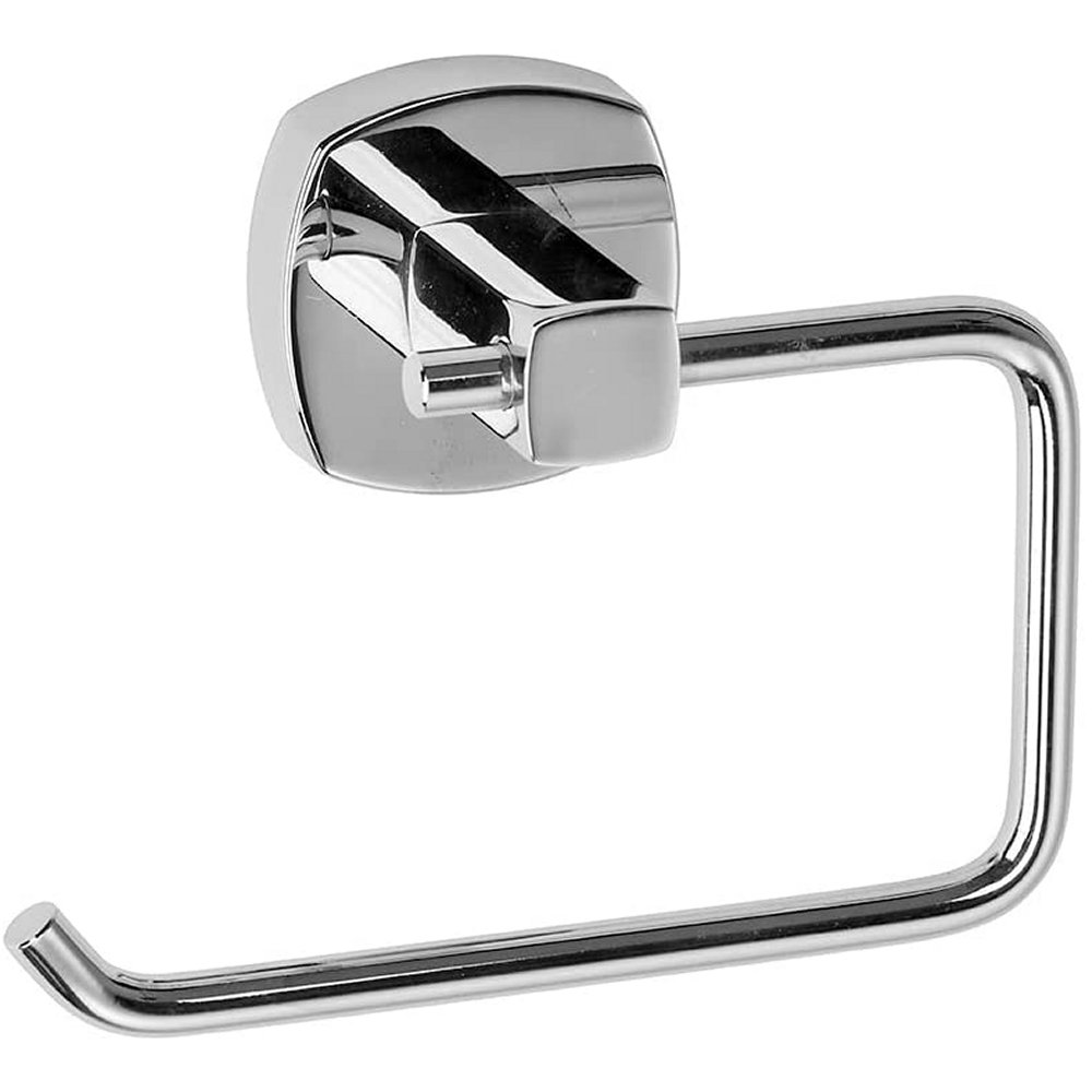 a rectangular chrome toilet roll holder with a rounded square wall mount