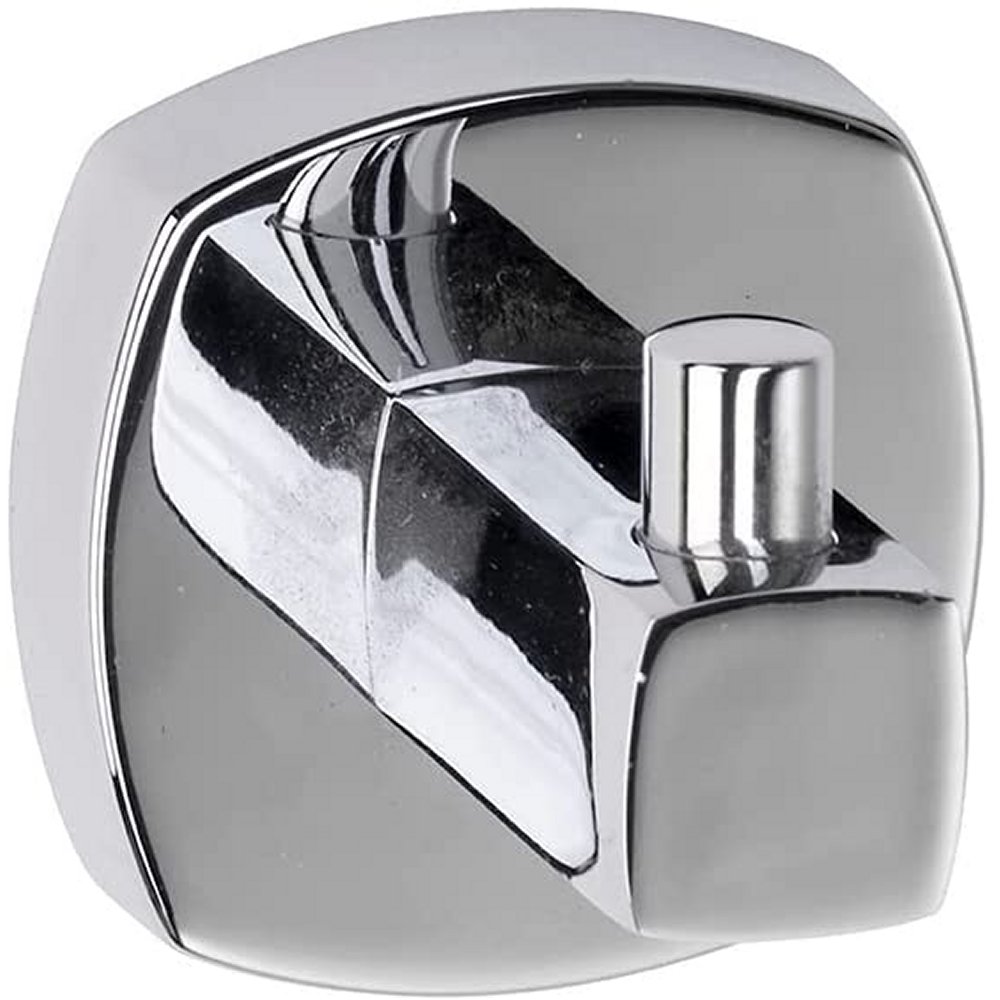 a square single chrome robe hook with a rounded square wall mount