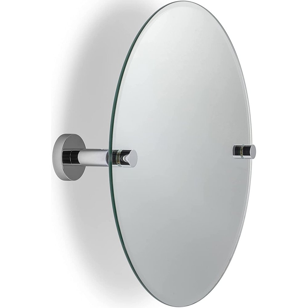 round mirror with chrome wall brackets.