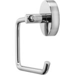 chrome toilet roll holder with circular wall mount, the holder is a rectangular hook shape with rounded corners.
