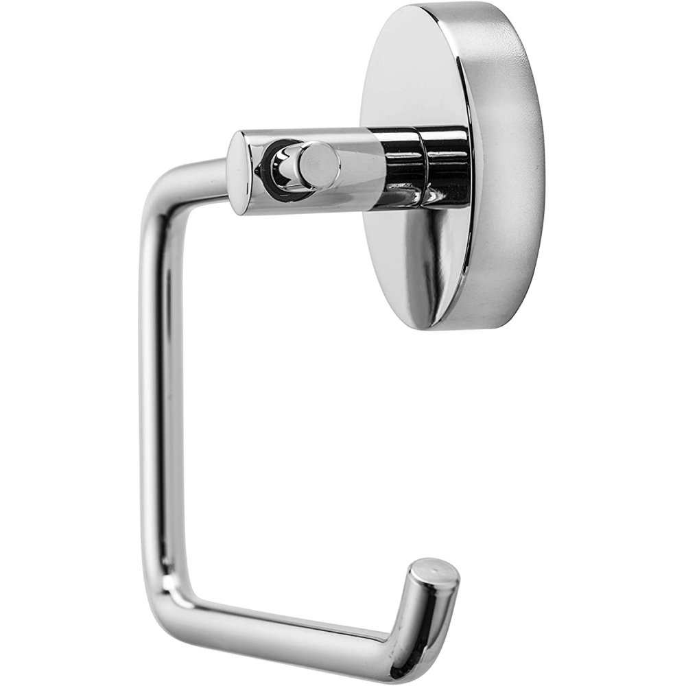 chrome toilet roll holder with circular wall mount, the holder is a rectangular hook shape with rounded corners.